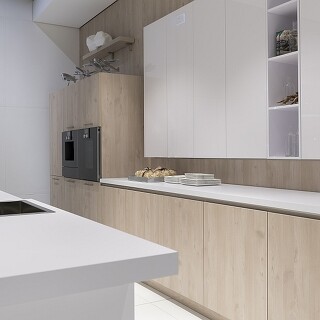 Materialmix in der Küche: Helles Holz und weiße Flächen passen gut zusammen. Materialmix in der Küche: Helles Holz und weiße Flächen passen gut zusammen.